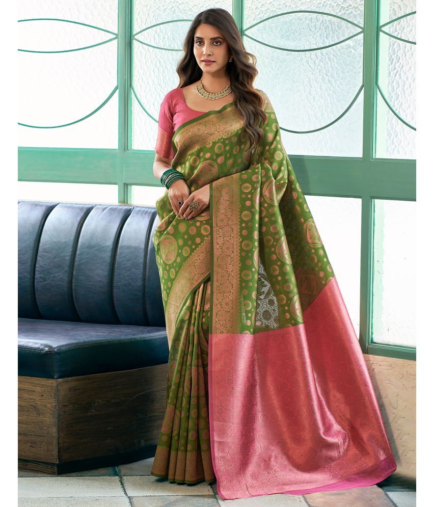     			Satrani Silk Blend Woven Saree With Blouse Piece - Green ( Pack of 1 )