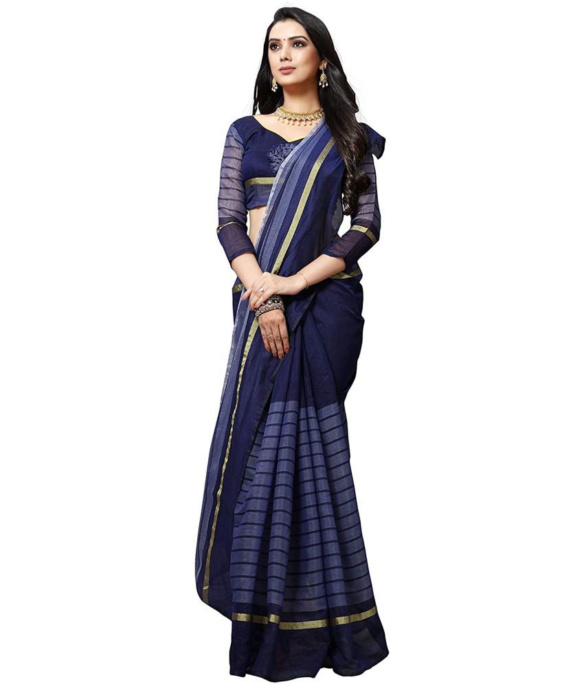     			Vkaran Cotton Silk Applique Saree Without Blouse Piece - Navy Blue ( Pack of 2 )