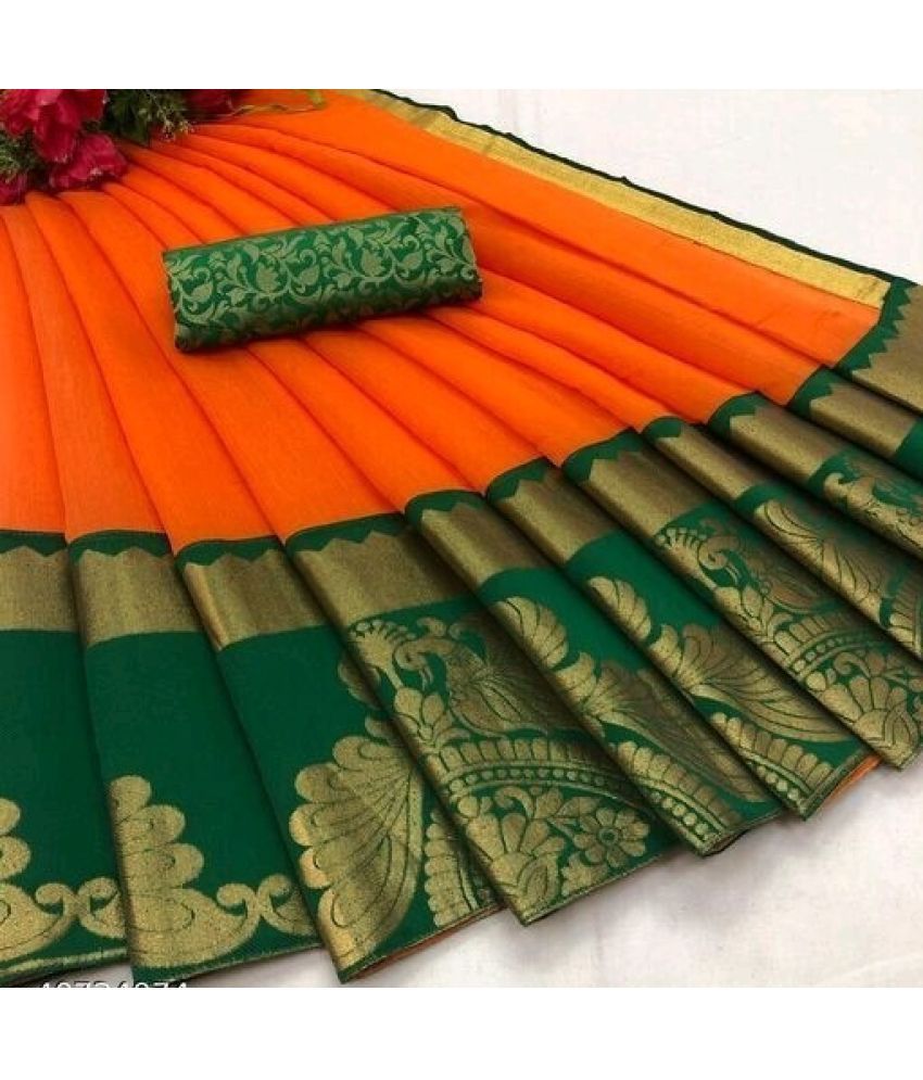     			Vkaran Cotton Silk Applique Saree Without Blouse Piece - Orange ( Pack of 1 )