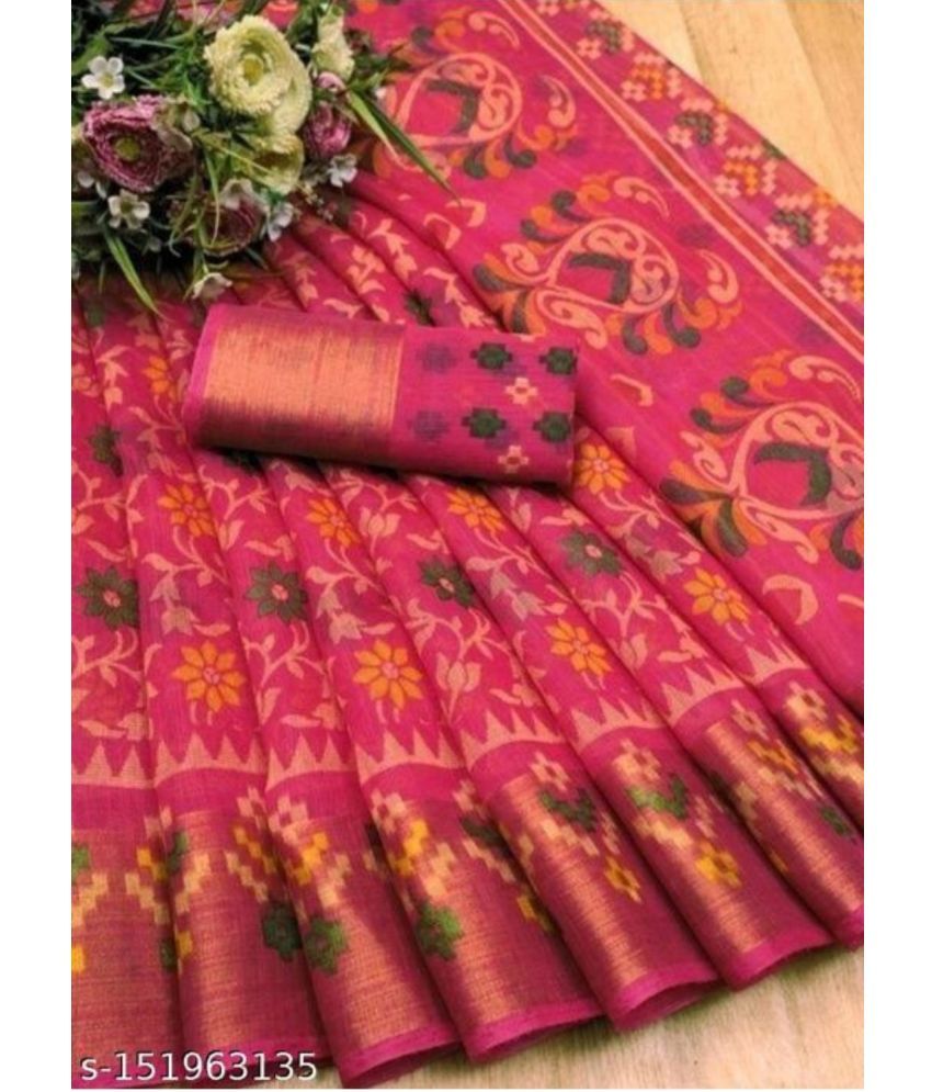     			Vkaran Cotton Silk Applique Saree Without Blouse Piece - Pink ( Pack of 1 )