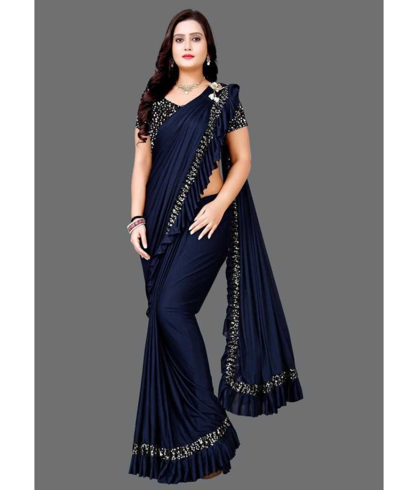     			Vkaran Net Cut Outs Saree With Blouse Piece - Blue ( Pack of 1 )