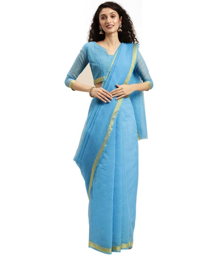     			Vkaran Net Cut Outs Saree With Blouse Piece - Blue ( Pack of 1 )