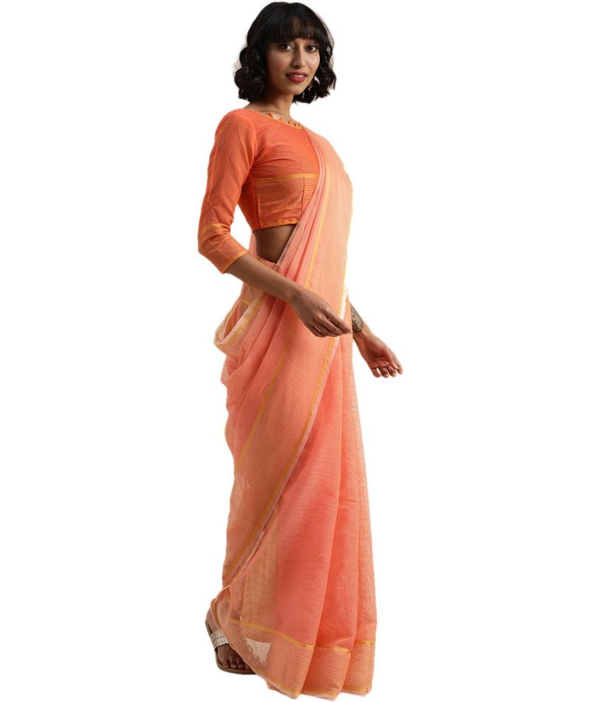     			Vkaran Net Cut Outs Saree With Blouse Piece - Orange ( Pack of 1 )