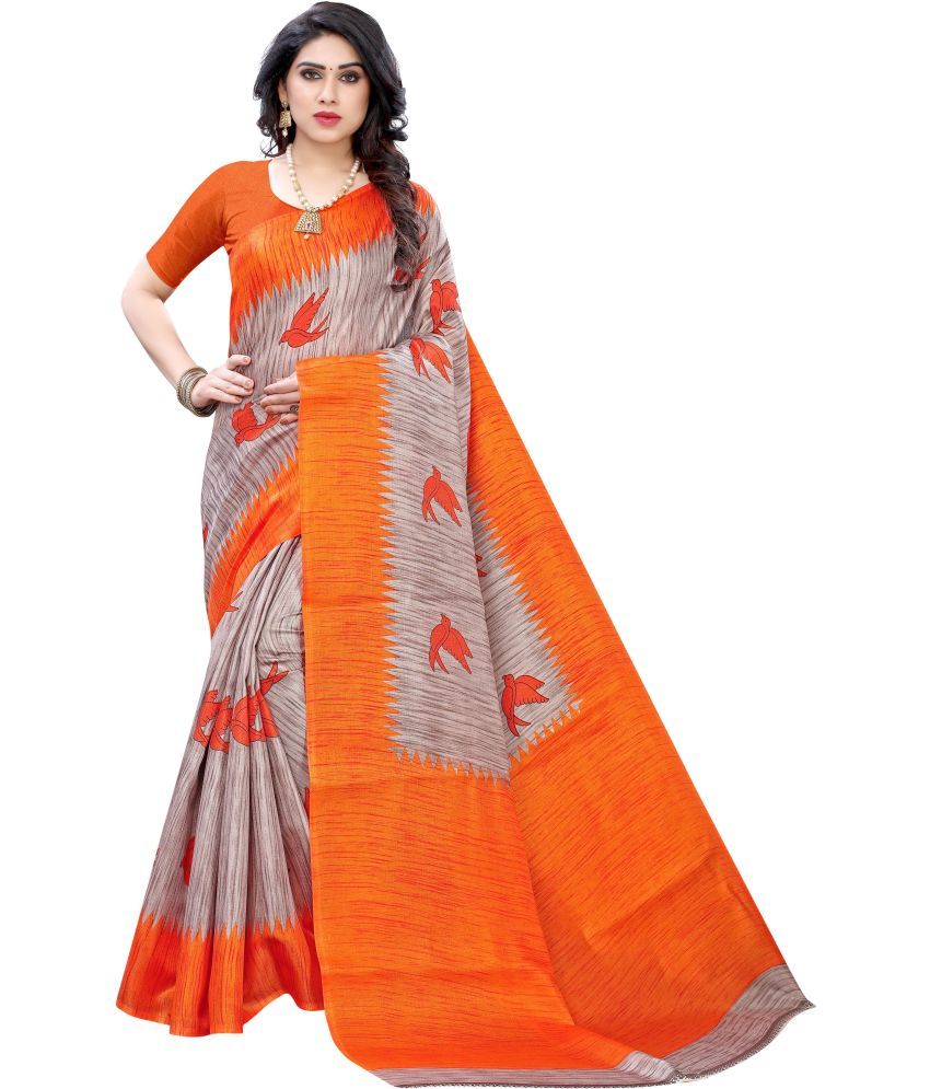     			Vkaran Net Cut Outs Saree With Blouse Piece - Orange ( Pack of 1 )