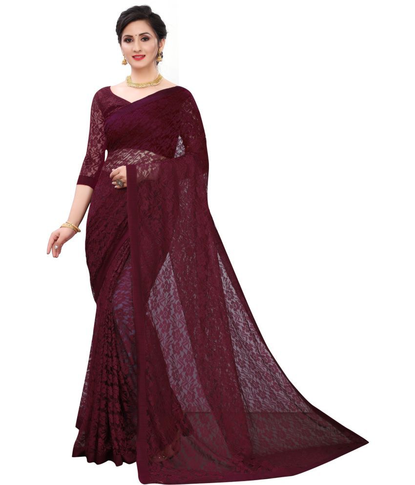     			Vkaran Net Cut Outs Saree With Blouse Piece - Wine ( Pack of 1 )
