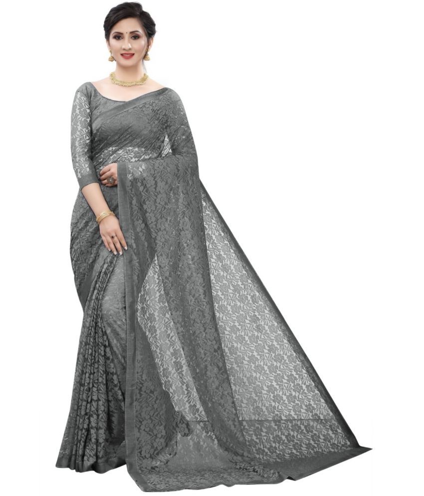     			Vkaran Net Cut Outs Saree With Blouse Piece - Grey ( Pack of 1 )