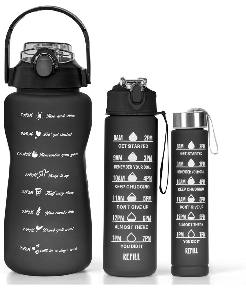     			Water Bottle with Times to Drink and Straw, Motivational Time Marker Water Bottles with Strap, Leakproof, Gym & Outdoors, Black (2000 ML 900ML 300ML)