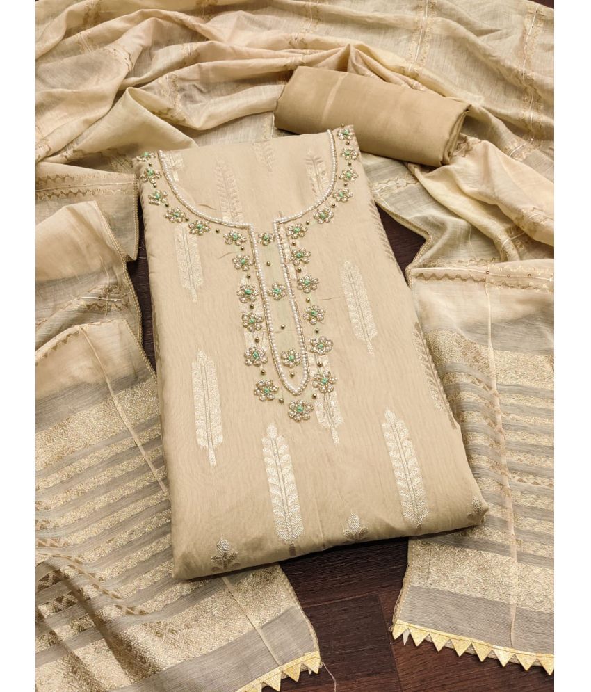    			ALSHOP Unstitched Jacquard Embellished Dress Material - Brown ( Pack of 1 )