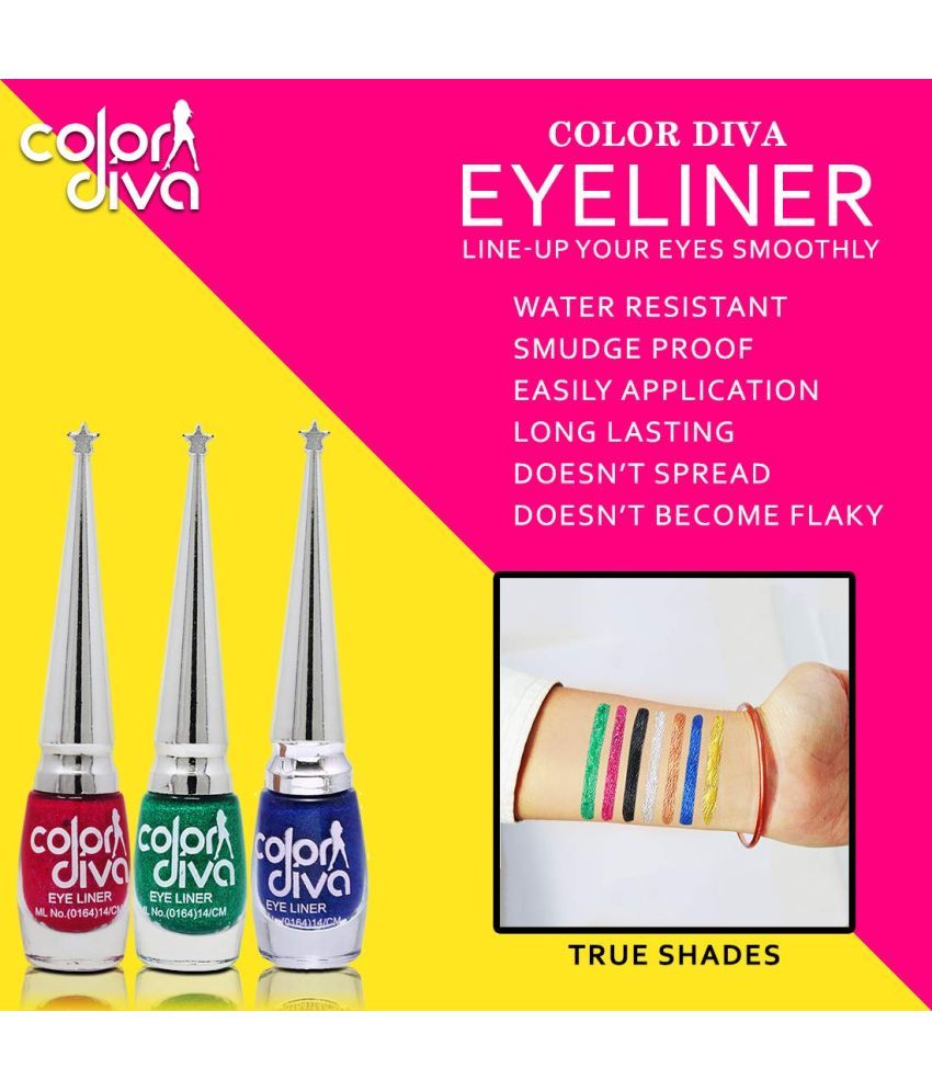     			Color Diva Eye Liner, Water Resistant, Long-Lasting, 6ml (Pink, Green, Blue) Matte & Shimmery Finish