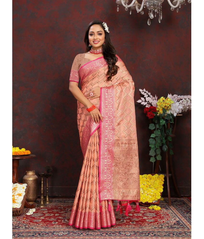     			OFLINE SELCTION Silk Blend Woven Saree With Blouse Piece - Peach ( Pack of 1 )