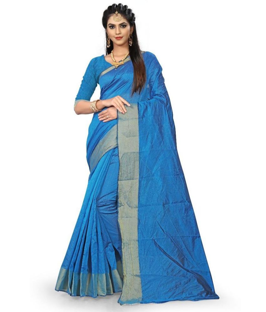     			Saadhvi Cotton Silk Solid Saree With Blouse Piece - Blue ( Pack of 1 )