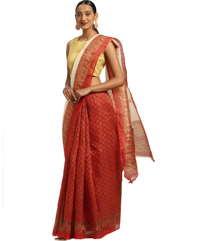     			Saadhvi Cotton Silk Solid Saree With Blouse Piece - Red ( Pack of 1 )