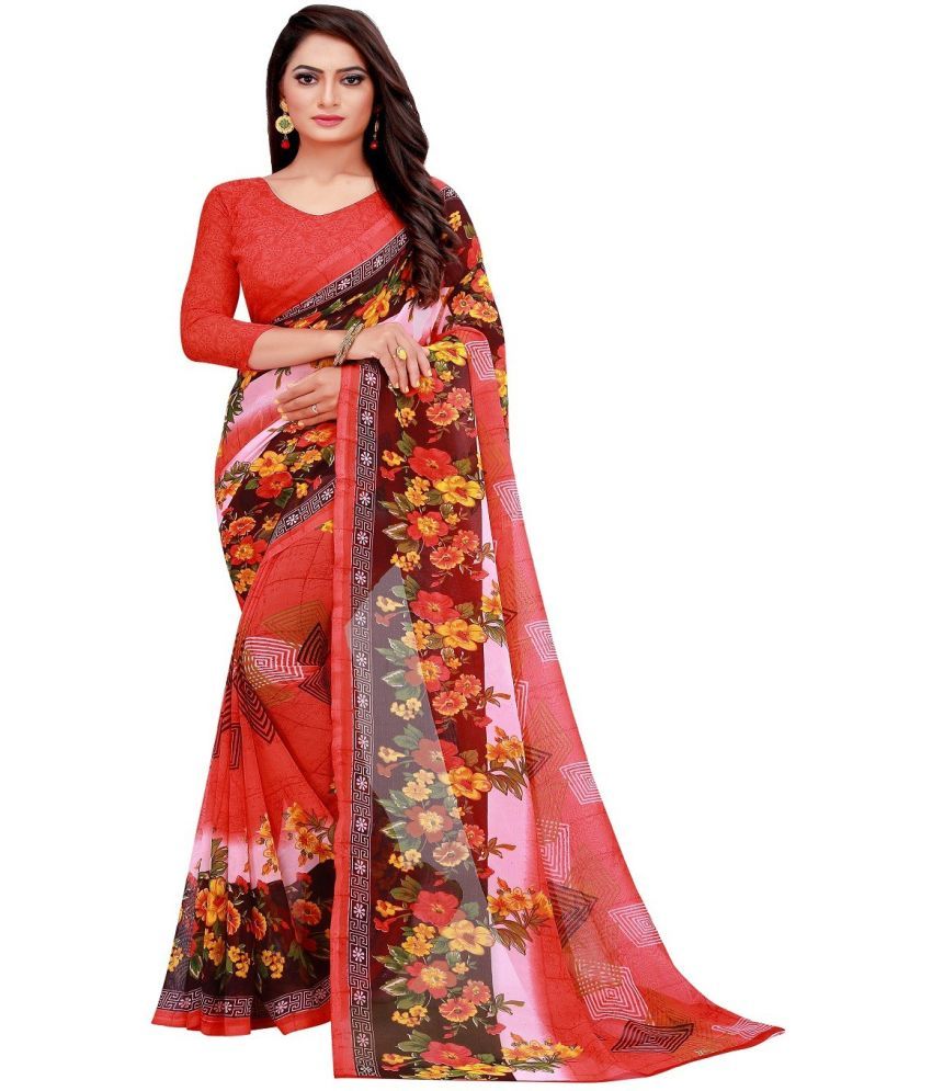     			Saadhvi Net Cut Outs Saree With Blouse Piece - Red ( Pack of 1 )