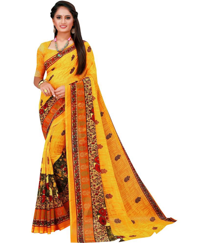     			Saadhvi Net Cut Outs Saree With Blouse Piece - Yellow ( Pack of 1 )