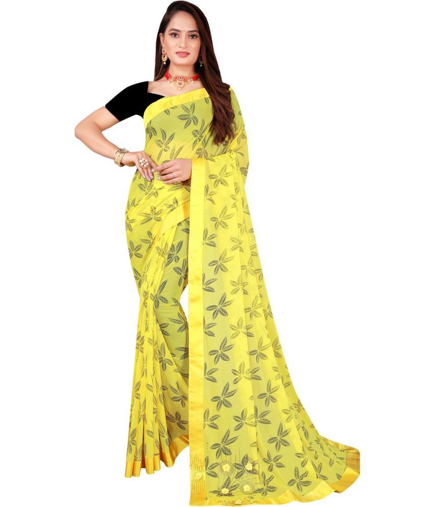     			Saadhvi Net Cut Outs Saree With Blouse Piece - Yellow ( Pack of 1 )