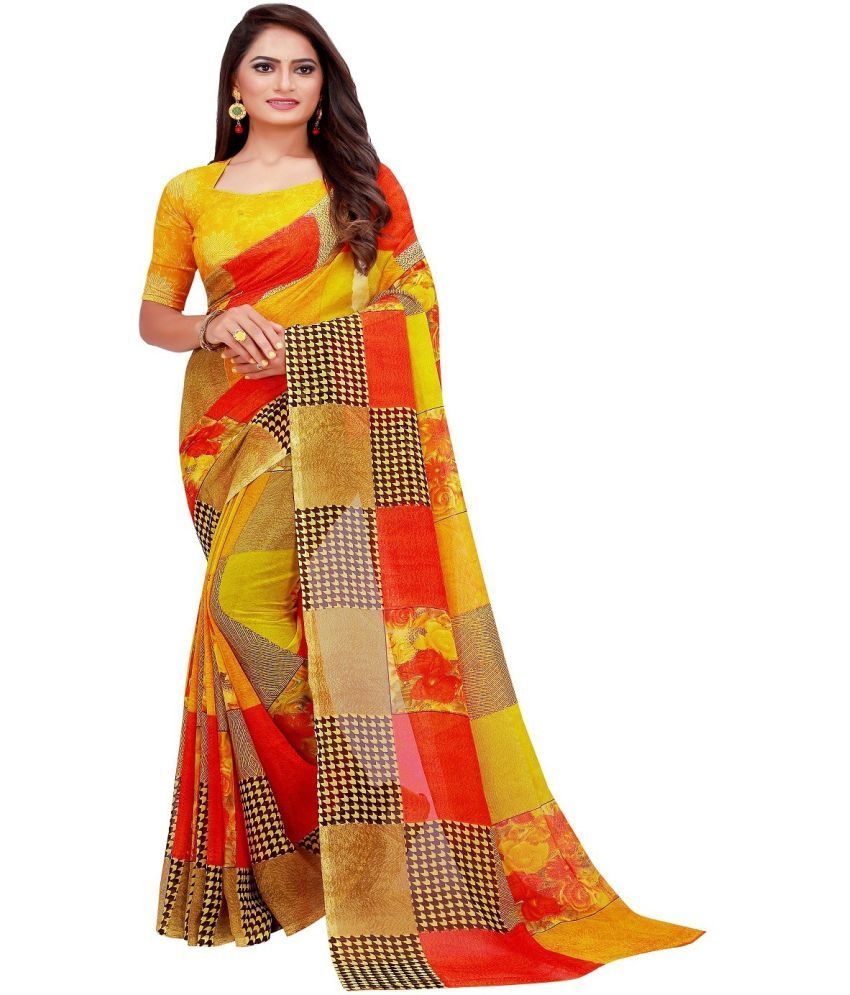     			Saadhvi Net Cut Outs Saree With Blouse Piece - Orange ( Pack of 1 )