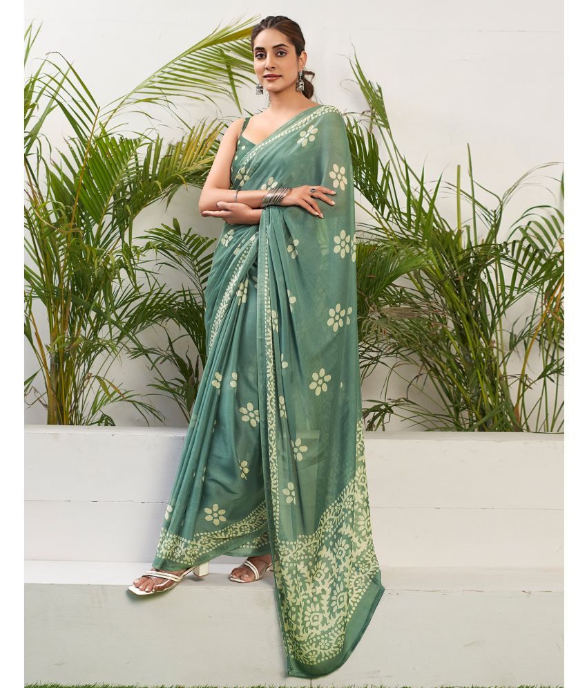     			Samah Chiffon Printed Saree With Blouse Piece - Green ( Pack of 1 )