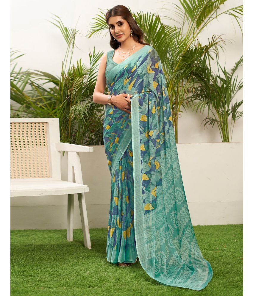     			Samah Chiffon Printed Saree With Blouse Piece - Turquoise ( Pack of 1 )