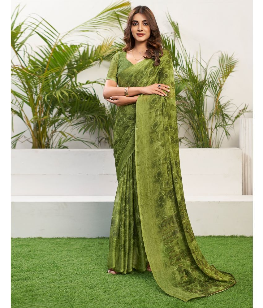     			Samah Chiffon Printed Saree With Blouse Piece - Olive ( Pack of 1 )