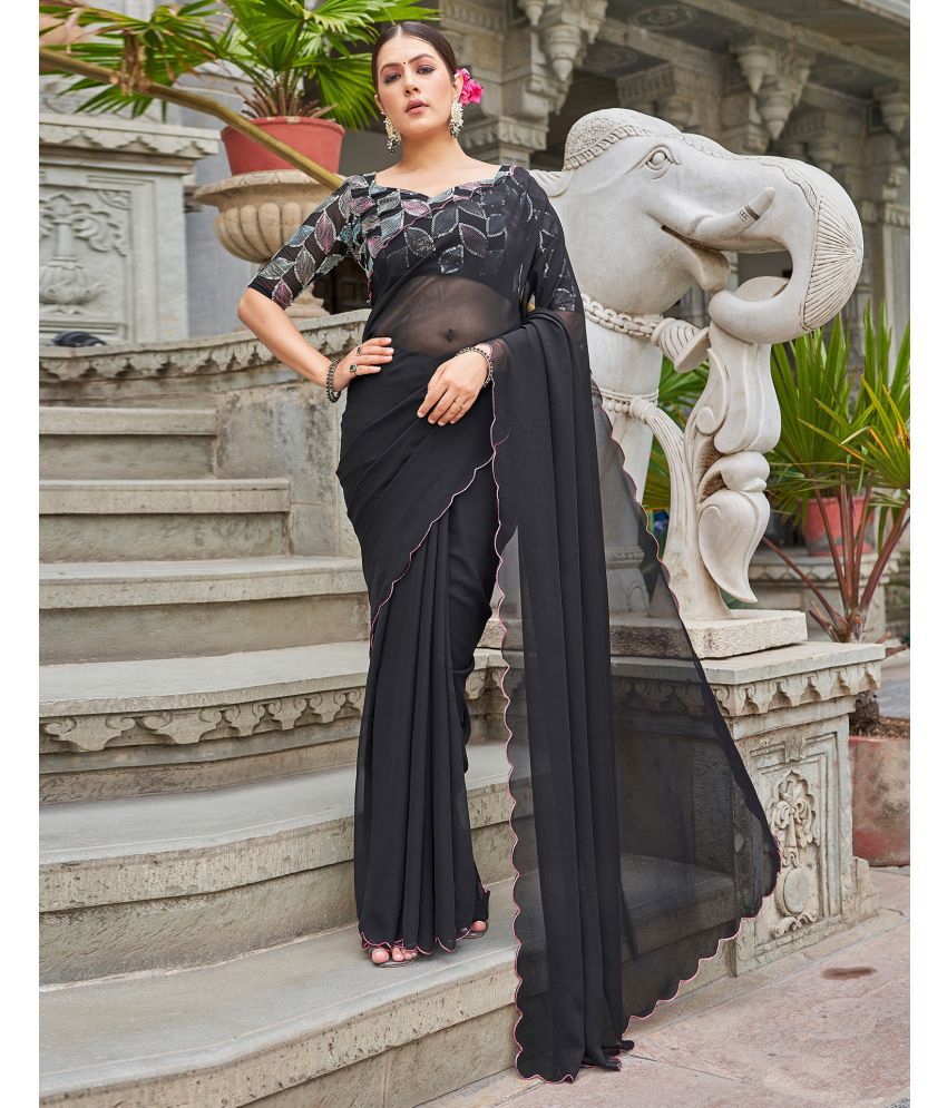     			Samah Georgette Solid Saree With Blouse Piece - Black ( Pack of 1 )