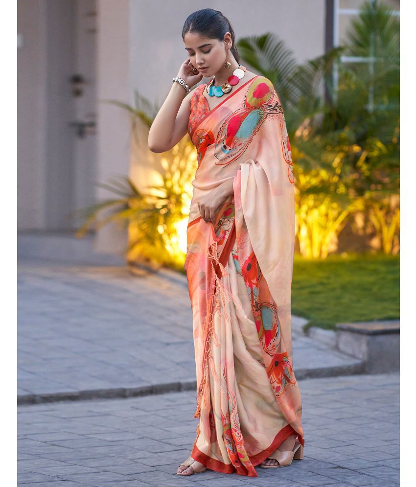     			Samah Satin Printed Saree With Blouse Piece - Off White ( Pack of 1 )