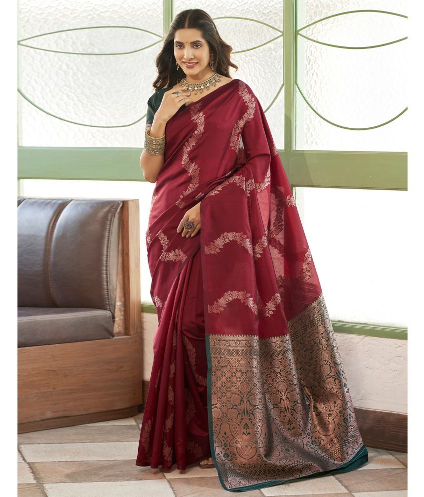     			Samah Silk Blend Woven Saree With Blouse Piece - Maroon ( Pack of 1 )