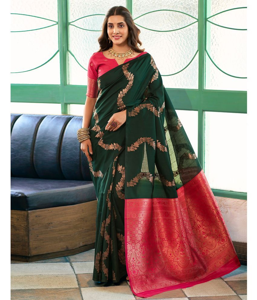     			Samah Silk Blend Woven Saree With Blouse Piece - Green ( Pack of 1 )