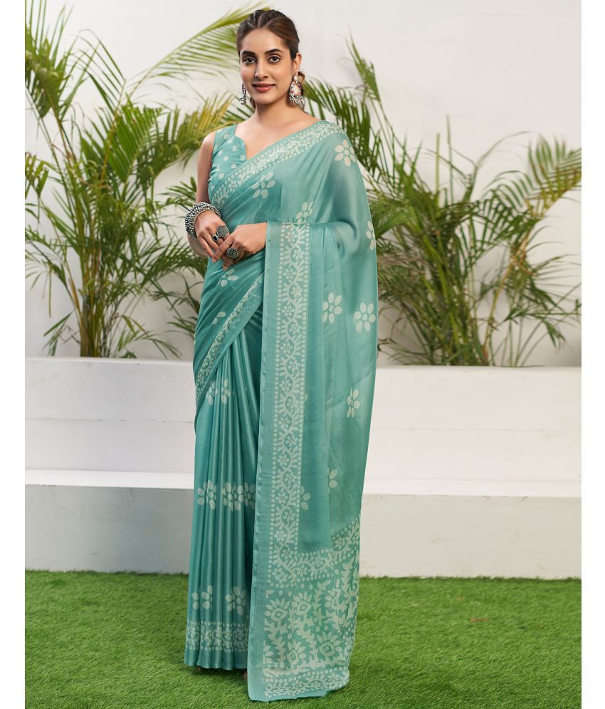     			Satrani Chiffon Printed Saree With Blouse Piece - Turquoise ( Pack of 1 )