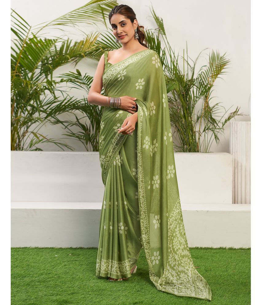     			Satrani Chiffon Printed Saree With Blouse Piece - Olive ( Pack of 1 )