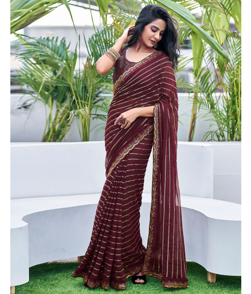     			Satrani Georgette Embellished Saree With Blouse Piece - Brown ( Pack of 1 )