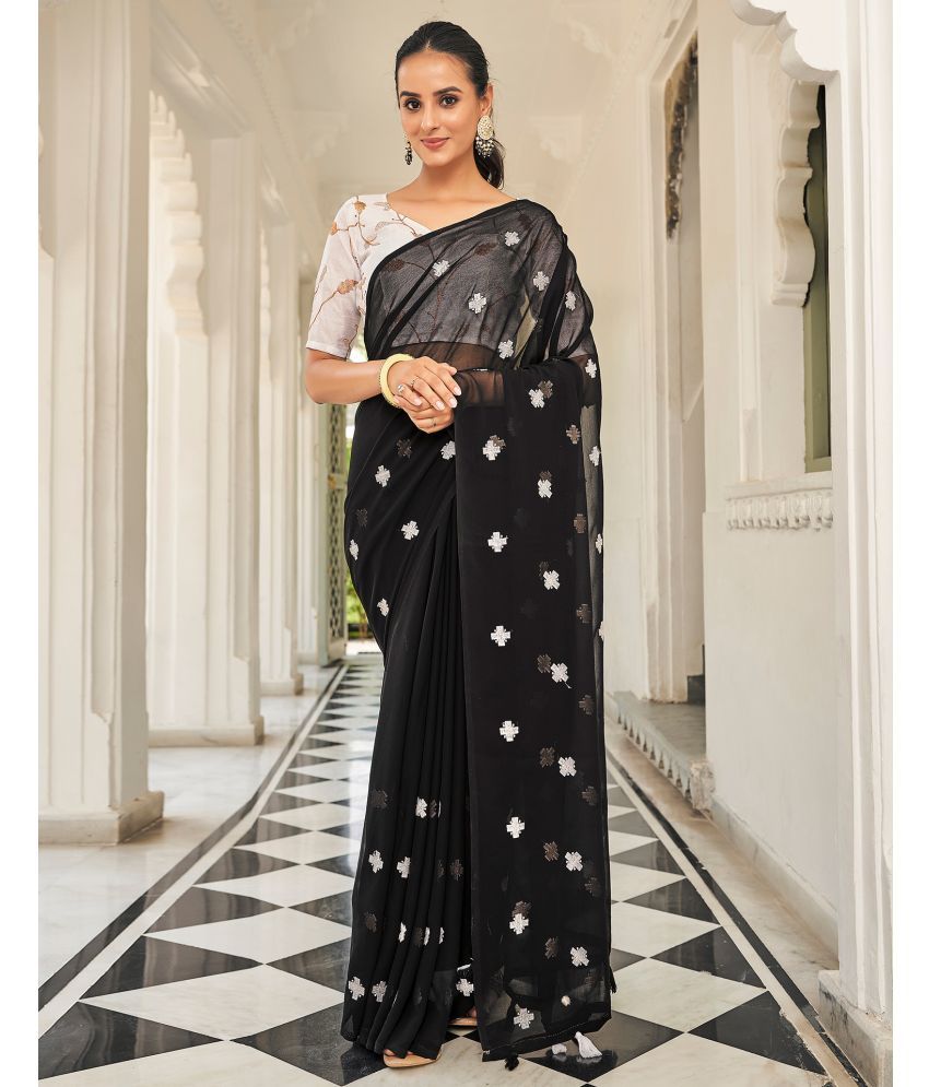     			Satrani Georgette Embroidered Saree With Blouse Piece - Black ( Pack of 1 )