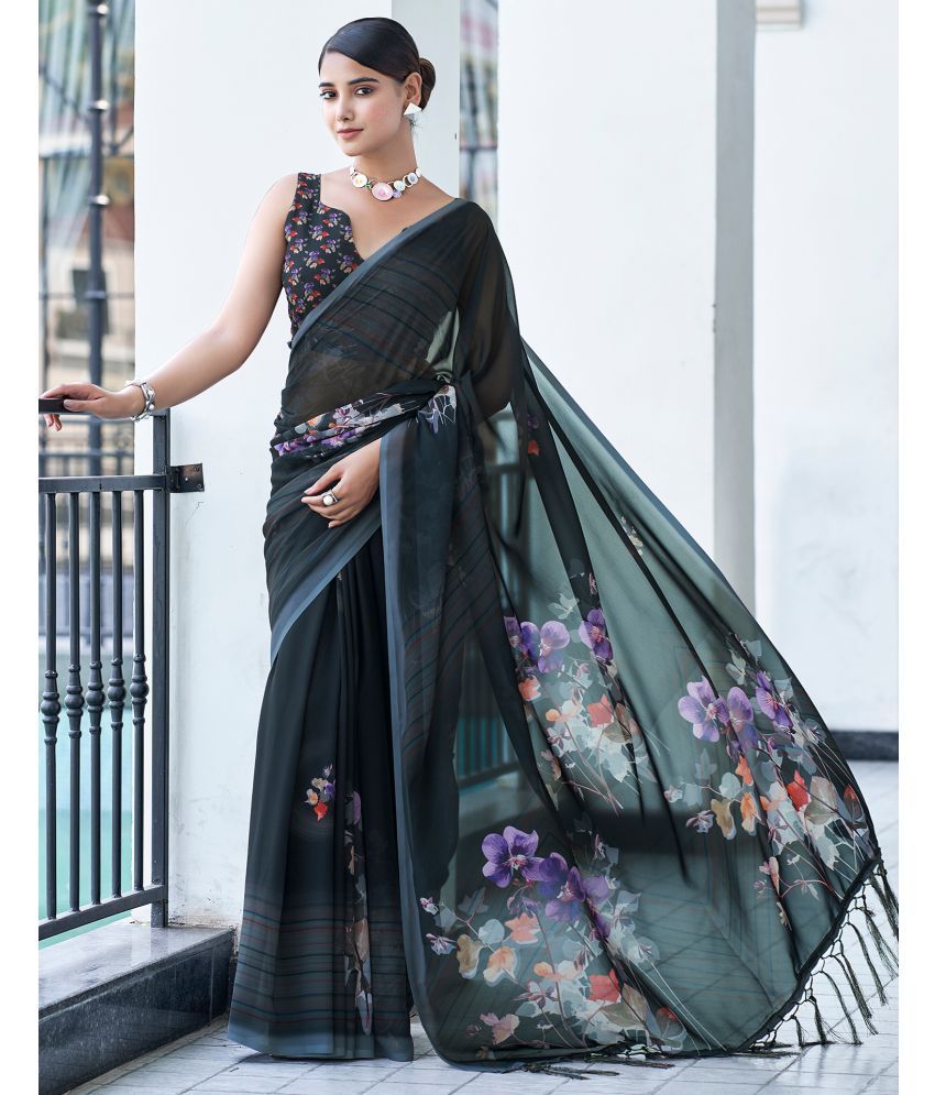     			Satrani Georgette Printed Saree With Blouse Piece - Black ( Pack of 1 )