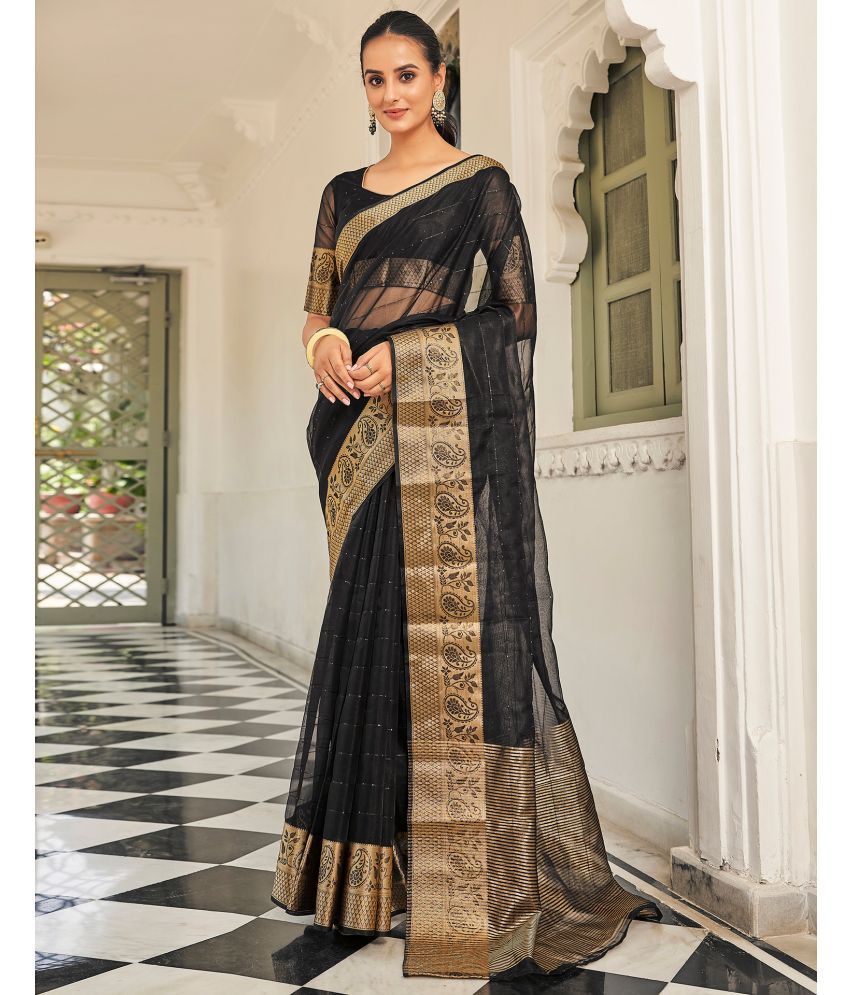     			Satrani Organza Woven Saree With Blouse Piece - Black ( Pack of 1 )