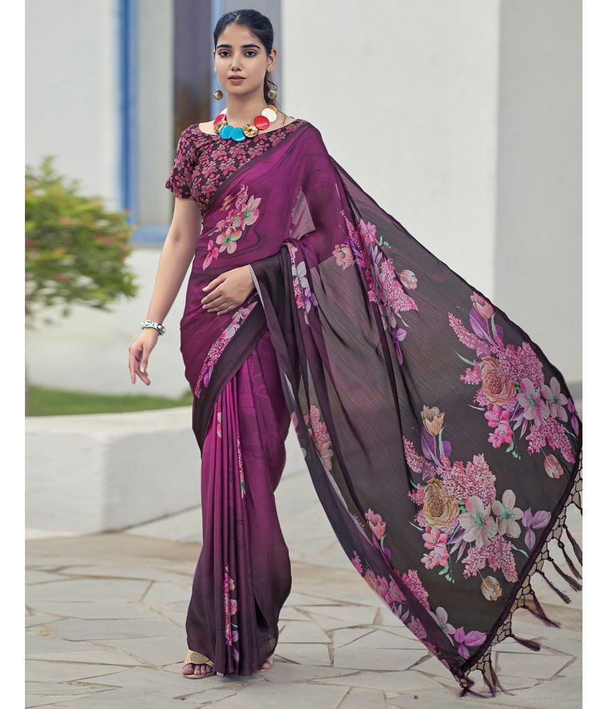     			Satrani Satin Printed Saree With Blouse Piece - Purple ( Pack of 1 )