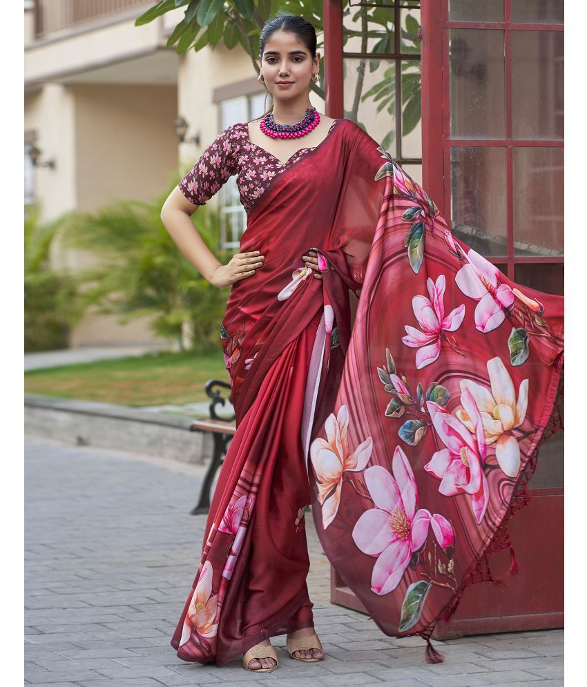     			Satrani Satin Printed Saree With Blouse Piece - Maroon ( Pack of 1 )