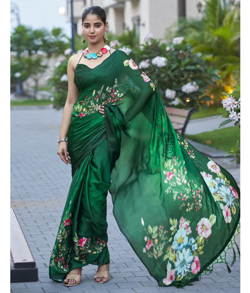     			Satrani Satin Printed Saree With Blouse Piece - Green ( Pack of 1 )