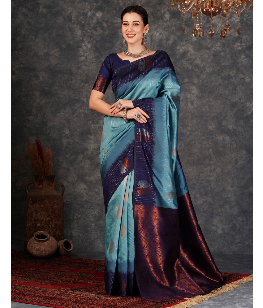     			Satrani Silk Self Design Saree With Blouse Piece - Blue ( Pack of 1 )