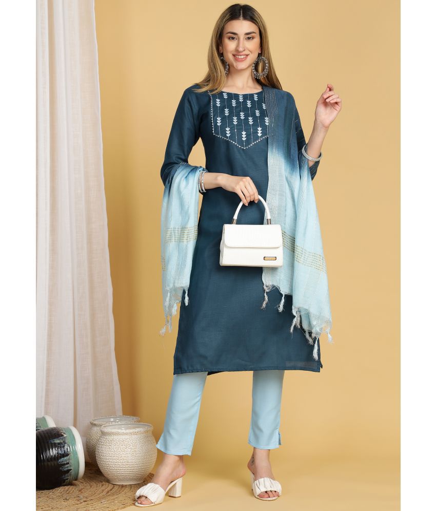     			TRAHIMAM Cotton Blend Embroidered Kurti With Pants Women's Stitched Salwar Suit - Blue ( Pack of 1 )