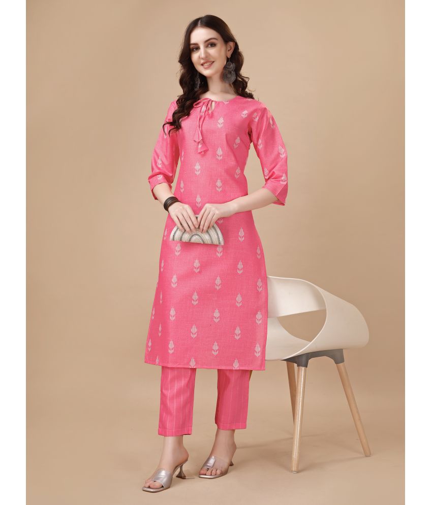     			TRAHIMAM Cotton Blend Printed Kurti With Pants Women's Stitched Salwar Suit - Pink ( Pack of 1 )
