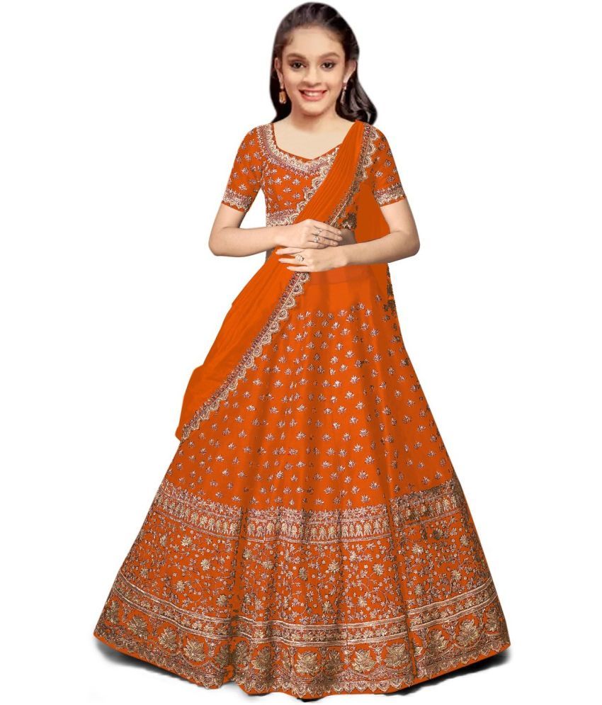     			Trijal Fab Orange Silk Girls Lehenga Choli Set ( Pack of 1 )