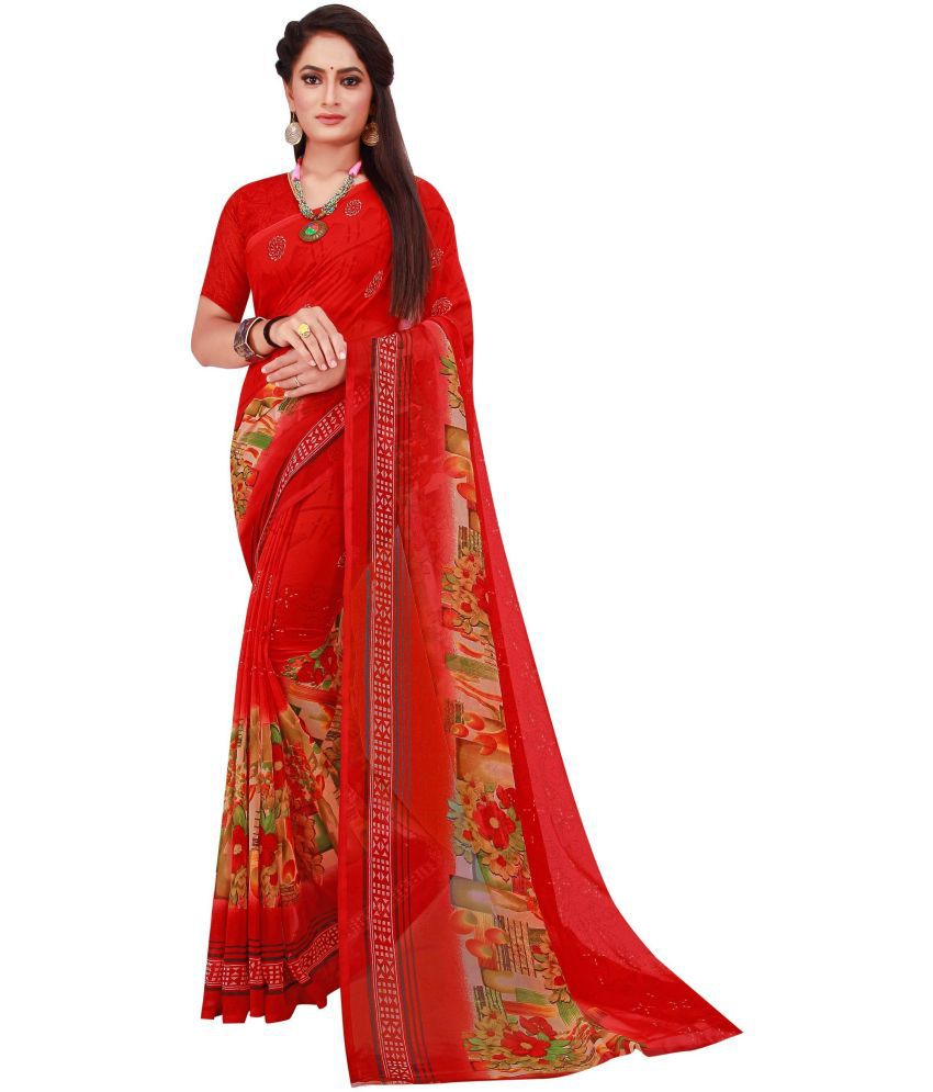    			Vkaran Cotton Silk Applique Saree Without Blouse Piece - Red ( Pack of 2 )