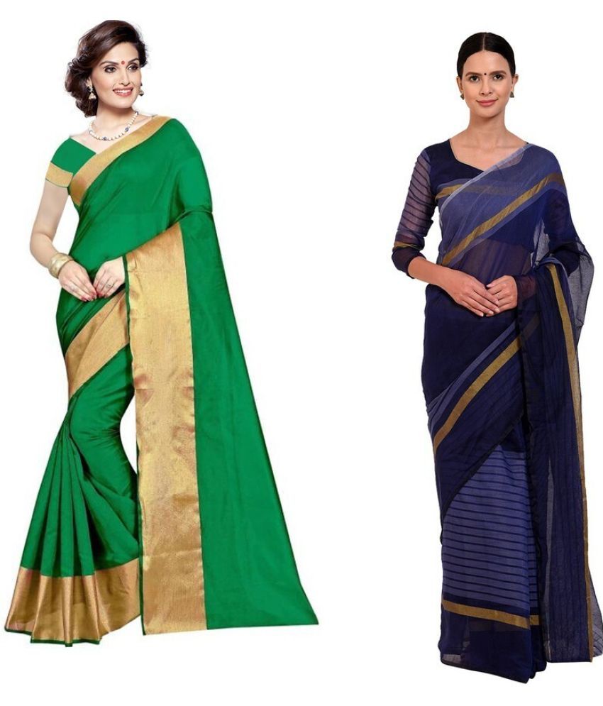     			Vkaran Cotton Silk Printed Saree With Blouse Piece - Multicolor ( Pack of 2 )