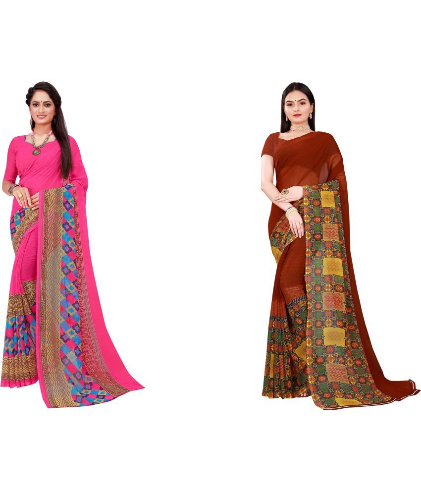     			Vkaran Cotton Silk Printed Saree With Blouse Piece - Multicolor ( Pack of 2 )