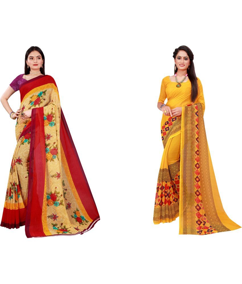     			Vkaran Cotton Silk Printed Saree With Blouse Piece - Multicolor ( Pack of 2 )