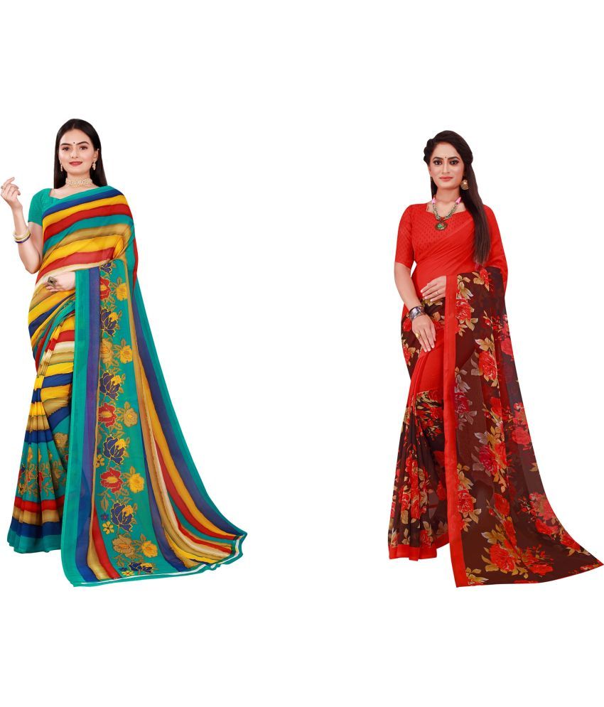     			Vkaran Cotton Silk Printed Saree With Blouse Piece - Multicolor ( Pack of 2 )