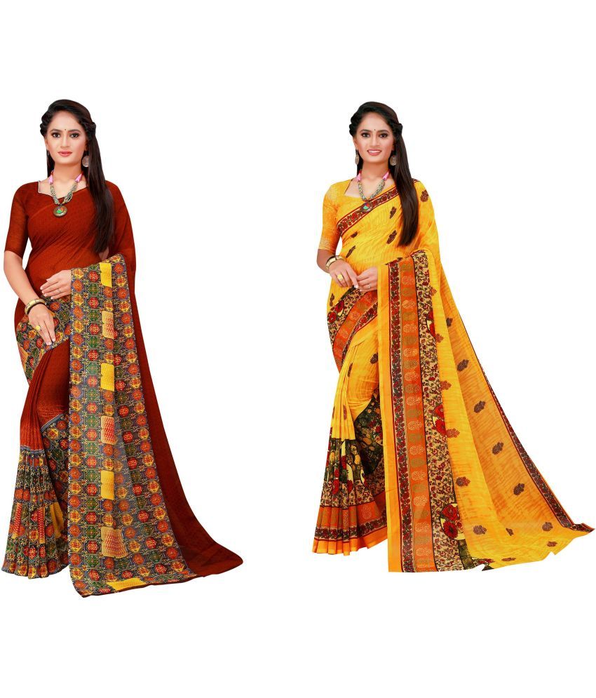     			Vkaran Cotton Silk Printed Saree With Blouse Piece - Multicolor ( Pack of 2 )