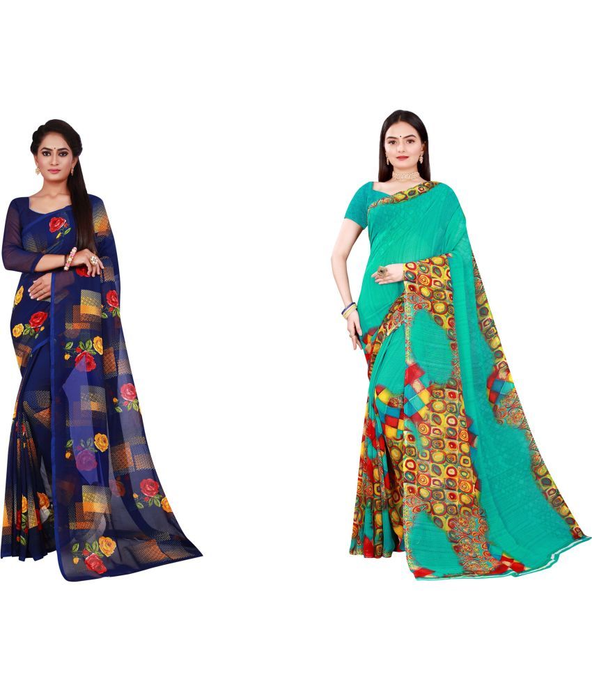     			Vkaran Cotton Silk Printed Saree With Blouse Piece - Multicolor ( Pack of 2 )