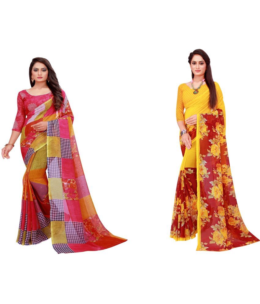     			Vkaran Cotton Silk Printed Saree With Blouse Piece - Multicolor ( Pack of 2 )