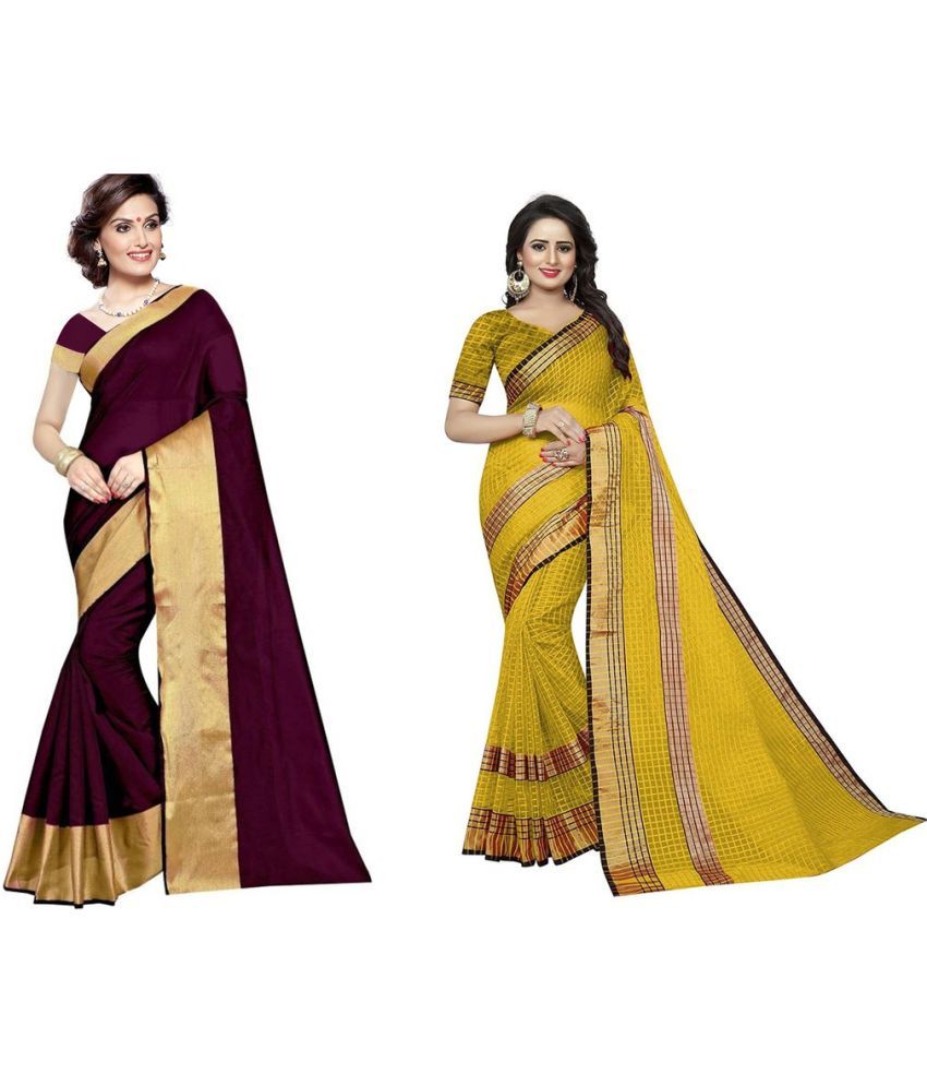     			Vkaran Cotton Silk Printed Saree With Blouse Piece - Multicolor ( Pack of 2 )