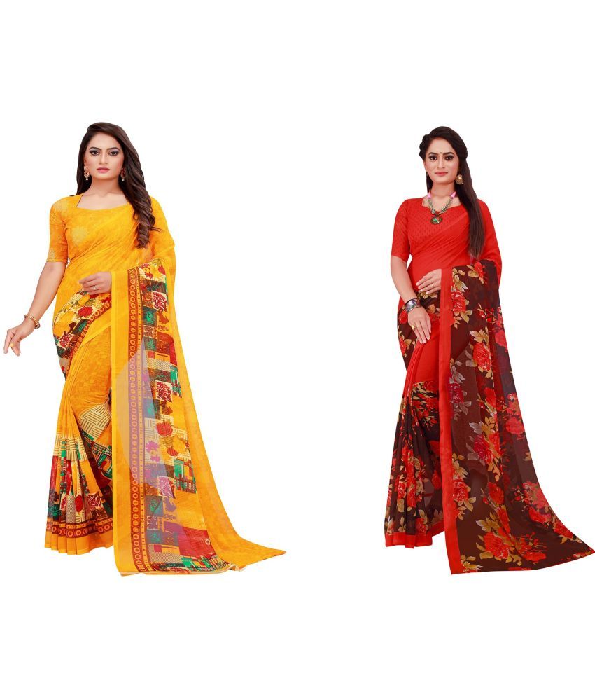     			Vkaran Cotton Silk Printed Saree With Blouse Piece - Multicolor ( Pack of 2 )